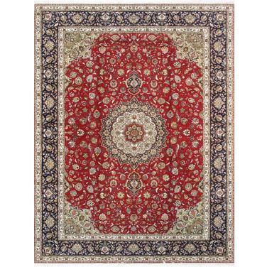 Baku Collection Hand-Knotted Silk and Wool Area Rug- 9'10" x 13' 2" In Red and Navy