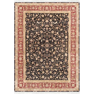 Baku Collection Hand-Knotted Silk and Wool Area Rug- 9' x 12' In Red and Navy