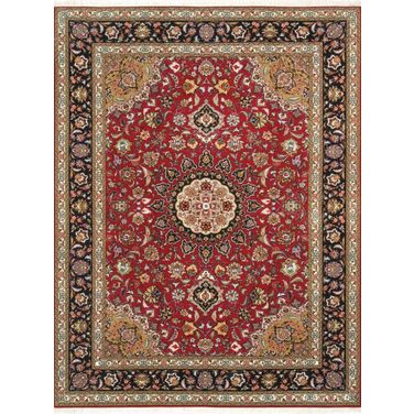 Baku Colletion Hand-Knotted Silk and Wool Area Rug- 5' 1" x 6'11" In Red and Navy