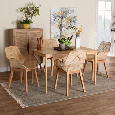Ballerina Mahogany Wood and Rattan 5 Piece Dining Set In Natural Brown