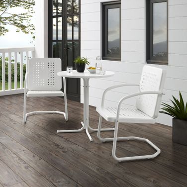 Bates 3 Piece Retro Outdoor Bistro Set In White Gloss and White Satin
