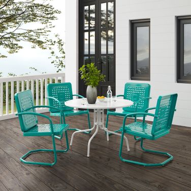 Bates 5 Piece Round Retro Outdoor Dining Set In Turquoise Gloss and White Satin