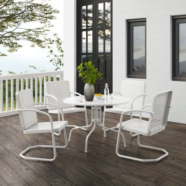 Bates 5 Piece Round Retro Outdoor Dining Set In White Gloss and White Satin