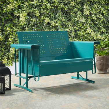 Bates Retro Outdoor Loveseat Glider In Turquoise Gloss