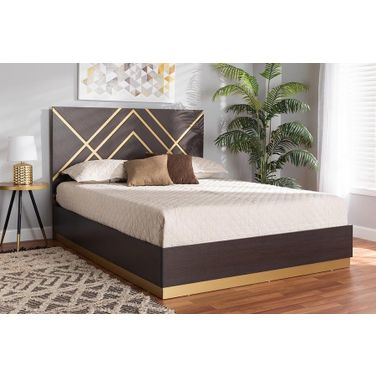 Baxton Studio Arcelia Contemporary Glam and Luxe Two-Tone Dark Brown and Gold Finished Wood Queen Size Platform Bed