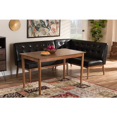 Baxton Studio Arvid Mid-Century Modern Dark Brown Faux Leather Upholstered 3-Piece Wood Dining Nook Set