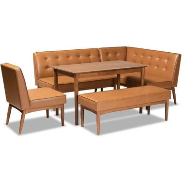 Baxton Studio Arvid Mid-Century Modern Tan Faux Leather Upholstered and Walnut Brown Finished Wood 5-Piece Dining Nook Set