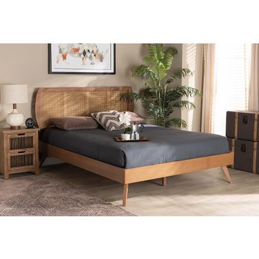 Baxton Studio Asami Mid-Century Modern Walnut Brown Finished Wood And Synthetic Rattan Queen Size Platform Bed