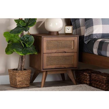 Baxton Studio Barrett Mid-Century Modern Walnut Brown Finished Wood and Synthetic Rattan 2-Drawer Nightstand