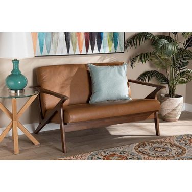 Baxton Studio Bianca Mid-Century Modern Walnut Brown Finished Wood and Tan Faux Leather Effect Loveseat