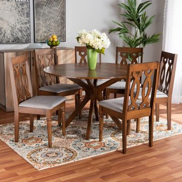 Baxton Studio Callie Modern and Contemporary Grey Fabric Upholstered and Walnut Brown Finished Wood 7-Piece Dining Set