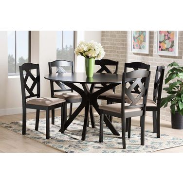 Baxton Studio Carlin Sand Fabric Upholstered and Dark Brown Finished Wood 7-Piece Dining Set