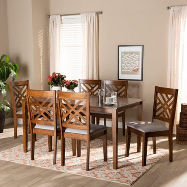 Baxton Studio Caron Modern And Contemporary Grey Fabric Upholstered And Walnut Brown Finished Wood 7 Piece Dining Set