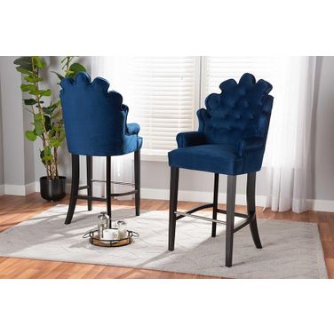 Baxton Studio Chloe Modern and Contemporary Navy Blue Velvet Upholstered and Dark Brown Finished Wood 2-Piece Bar Stool Set