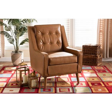 Baxton Studio Daley Modern And Contemporary Tan Faux Leather Upholstered And Walnut Brown Finished Wood Lounge Armchair