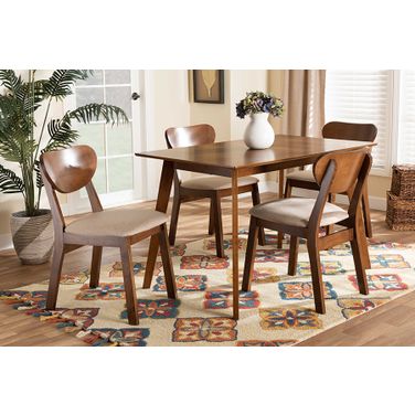 Baxton Studio Damara Mid-Century Modern Sand Fabric Upholstered And Walnut Brown Finished Wood 5-Piece Dining Set