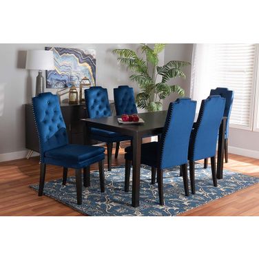 Baxton Studio Dylin Modern and Contemporary Navy Blue Velvet Fabric Upholstered and Dark Brown Finished Wood 7-Piece Dining Set
