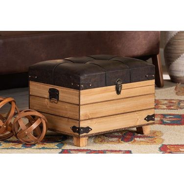 Baxton Studio Edmund Rustic Transitional Dark Brown Faux Leather Upholstered and Oak Brown Finished Wood Storage Ottoman