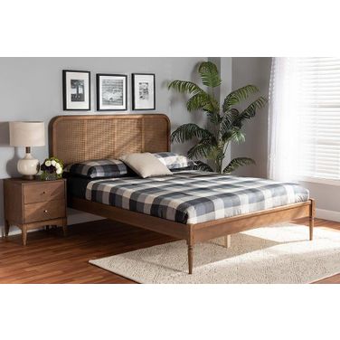 Baxton Studio Elston Mid-Century Modern Walnut Brown Finished Wood and Synthetic Rattan King Size Platform Bed