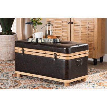 Baxton Studio Gendry Modern Rustic Transitional Dark Brown Faux Leather Upholstered and Oak Brown Finished Wood Large Storage Ottoman
