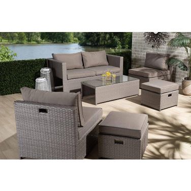 Baxton Studio Haina Modern and Contemporary Grey Fabric Upholstered and Grey Finished Synthetic Rattan 6-Piece Patio Set