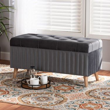 Baxton Studio Hanley Modern and Contemporary Grey Velvet Fabric Upholstered and Walnut Brown Finished Wood Storage Ottoman