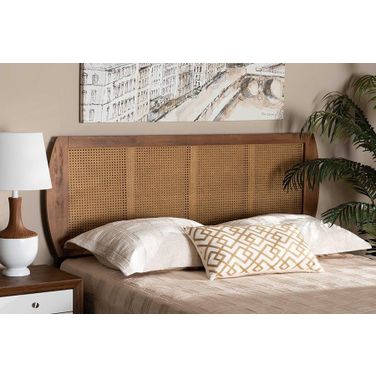 Baxton Studio Harris Mid-Century Modern Ash Walnut Finished Wood and Synthetic Rattan Full Size Headboard