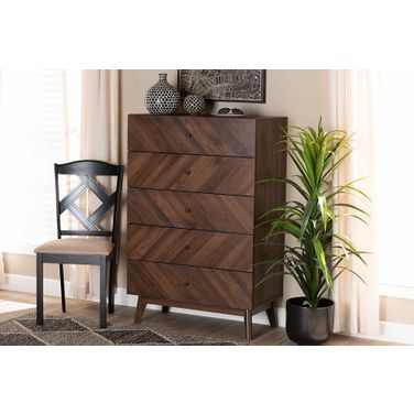 Baxton Studio Hartman Mid-Century Modern Walnut Brown Finished Wood 5-Drawer Storage Chest