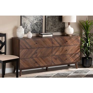 Baxton Studio Hartman Mid-Century Modern Walnut Brown Finished Wood 6-Drawer Dresser
