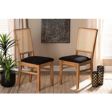 Baxton Studio Idris Mid-Century Modern Black Fabric Upholstered and Oak brown Finished 2-Piece Rattan Dining Chair Set