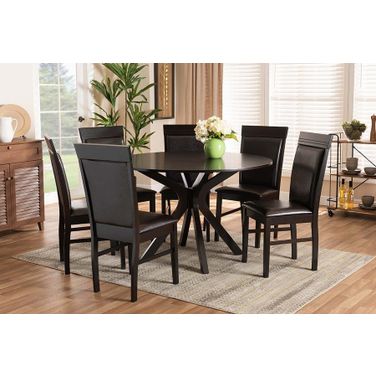 Jeane Modern and Contemporary Dark Brown Faux Leather Upholstered and Wood 7-Piece Dining Set