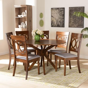 Baxton Studio Jessie Modern And Contemporary Grey Fabric Upholstered And Walnut Brown Finished Wood 7 Piece Dining Set