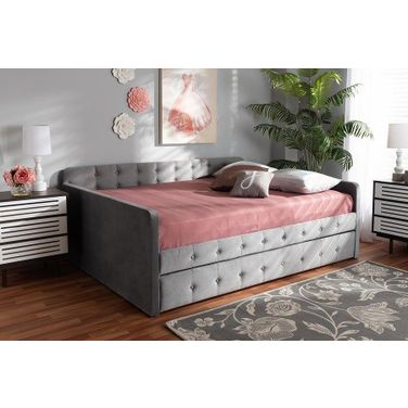 Baxton Studio Jona Modern and Contemporary Transitional Grey Velvet Fabric Upholstered and Button Tufted Queen Size Daybed with Trundle