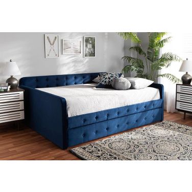 Baxton Studio Jona Modern and Contemporary Transitional Navy Blue Velvet Fabric Upholstered and Button Tufted Queen Size Daybed with Trundle