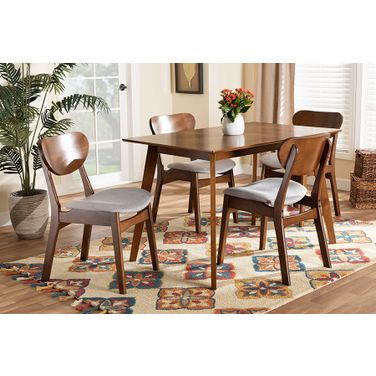 Baxton Studio Katya Mid-Century Modern Grey Fabric Upholstered And Walnut Brown Finished Wood 5-Piece Dining Set