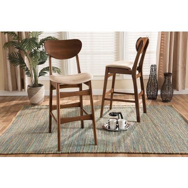 Baxton Studio Katya Mid-Century Modern Sand Fabric Upholstered and Walnut Brown Finished Wood 2-Piece Bar Stool Set