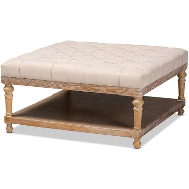 Baxton Studio Kelly Modern and Rustic Beige Linen Fabric Upholstered and Greywashed Wood Cocktail Ottoman