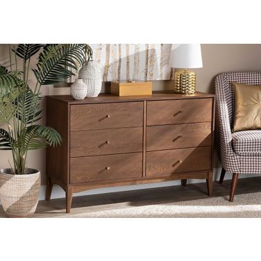 Baxton Studio Landis Mid-Century Modern Ash Walnut Finished Wood 6-Drawer Dresser
