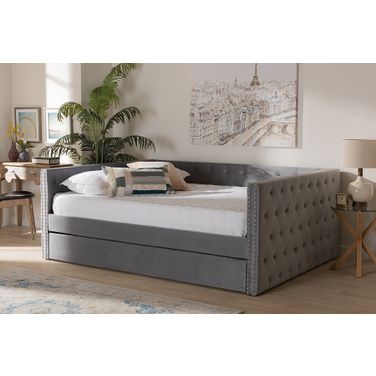 Baxton Studio Larkin Modern And Contemporary Grey Velvet Fabric Upholstered Queen Size Daybed With Trundle