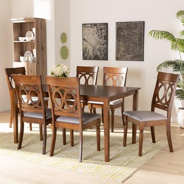 Baxton Studio Lucie Modern And Contemporary Grey Fabric Upholstered And Walnut Brown Finished Wood 7 Piece Dining Set