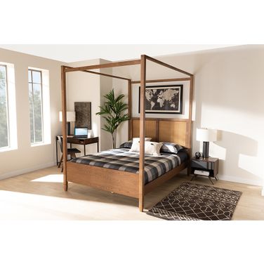 Baxton Studio Malia Modern and Contemporary Walnut Brown Finished Wood and Synthetic Rattan King Size Canopy Bed