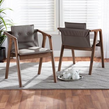 Baxton Studio Marcena Mid-Century Modern Grey Imitation Leather Upholstered and Walnut Brown Finished Wood 2-Piece Dining Chair Set