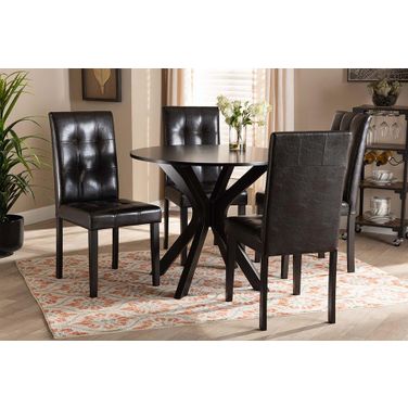 Marie Modern and Contemporary Dark Brown Faux Leather Upholstered And Wood 5-Piece Dining Set