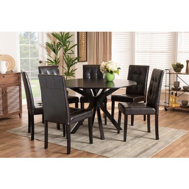 Marie Modern and Contemporary Dark Brown Faux Leather Upholstered and Wood 7-Piece Dining Set