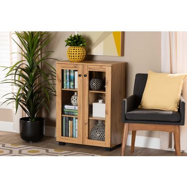 Baxton Studio Mason Modern And Contemporary Oak Brown Finished Wood 2-Door Storage Cabinet With Glass Doors