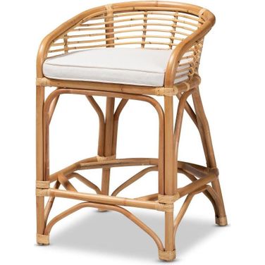 Baxton Studio Maverick Modern Bohemian White Fabric Upholstered And Natural Brown Rattan Counter Stool