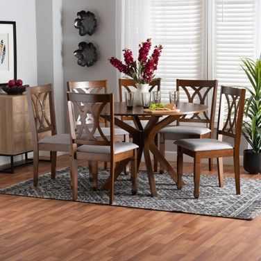 Baxton Studio Maya Modern Grey Fabric and Walnut Brown Finished Wood 7 Piece Dining Set