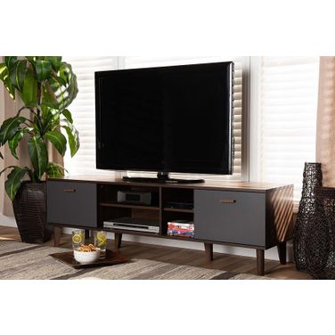 Baxton Studio Moina Mid-Century Modern Two-Tone Walnut Brown and Grey Finished Wood TV Stand