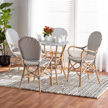 Baxton Studio Naila Classic French Black and White Plastic and Natural Brown Rattan 5-Piece Dining Set