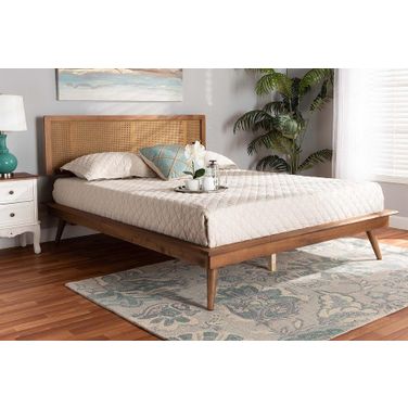 Baxton Studio Nura Mid-Century Modern Walnut Brown Finished Wood and Synthetic Rattan Queen Size Platform Bed